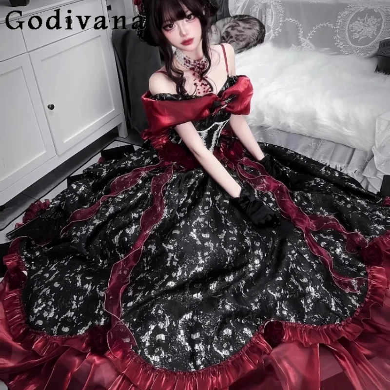 

Cosplay Garden Evening Dress for Women Shoulder Black Red Lolita Princess Dress Female Daily Annual Meeting Party Dress