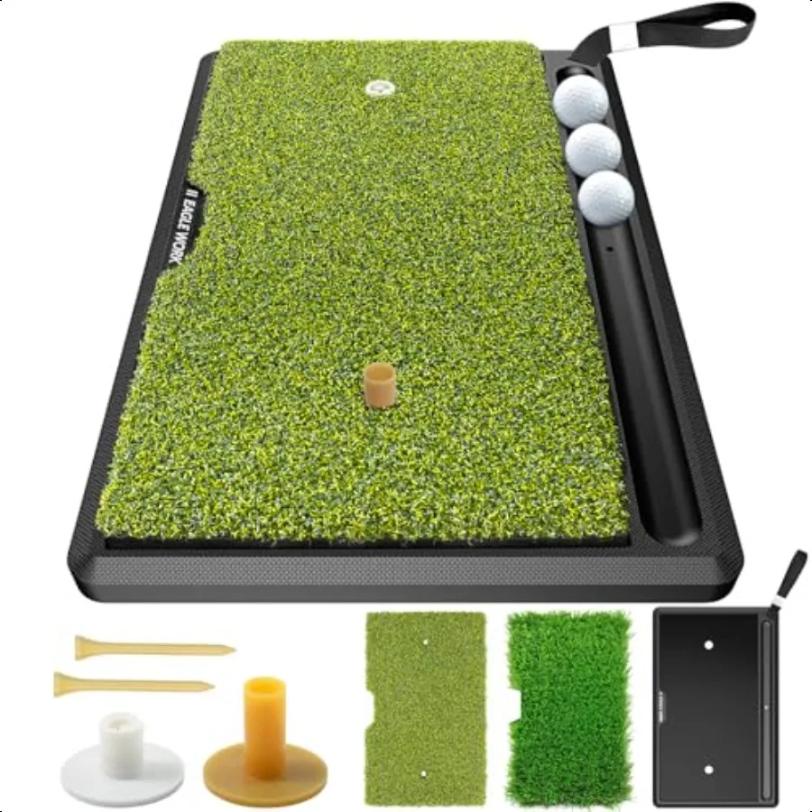 

2in1 Golf Hitting Mat with Integrated Ball Tray Heavy Duty NonSlip Golf Practice Mat 2 Replaceable Turfs Golf Training Mat for
