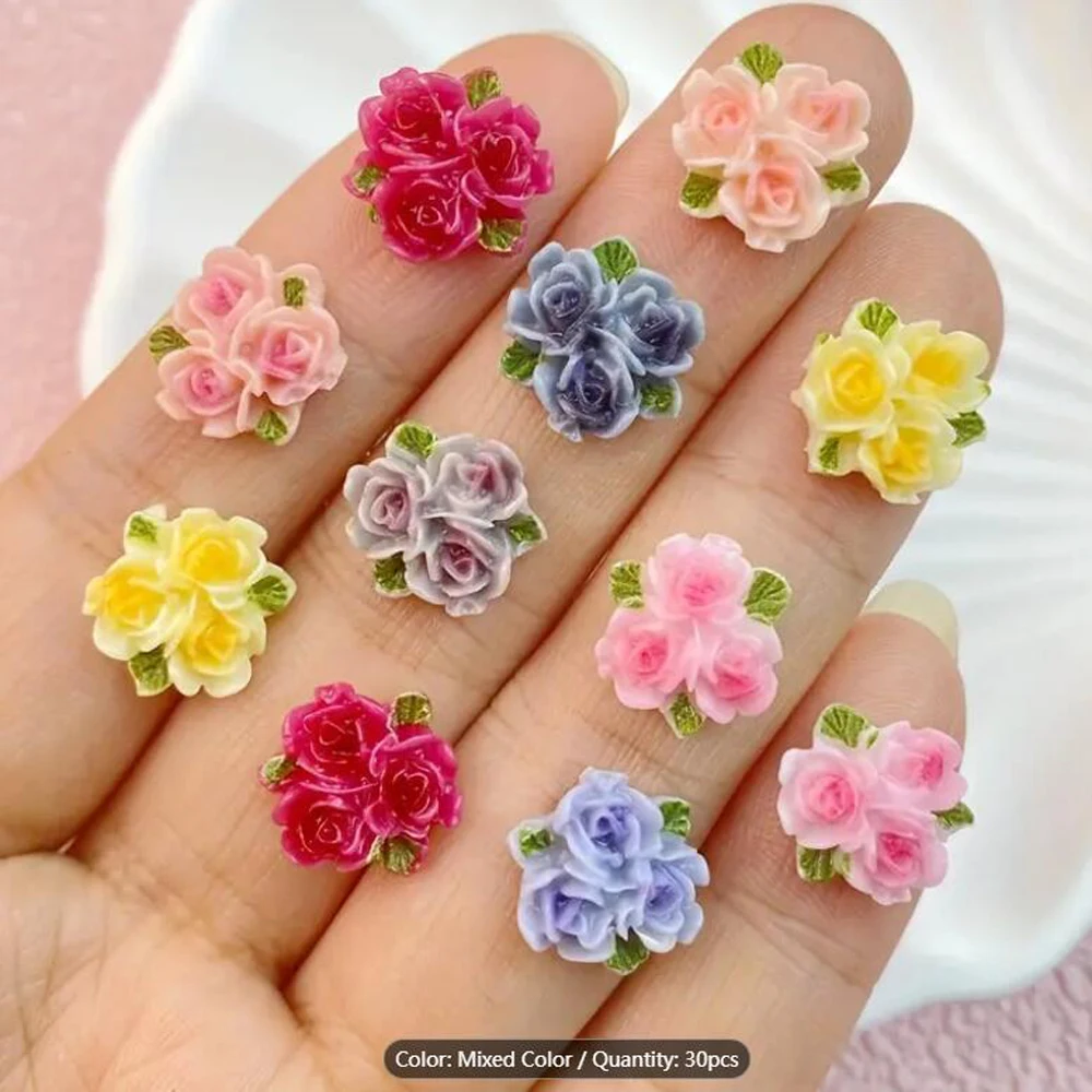 30Pcs Rose Flower 3D Nail Art Charms Kawaii Mixed Color Resin Camellia Nail Rhinestone DIY Nail Accessories Decoration