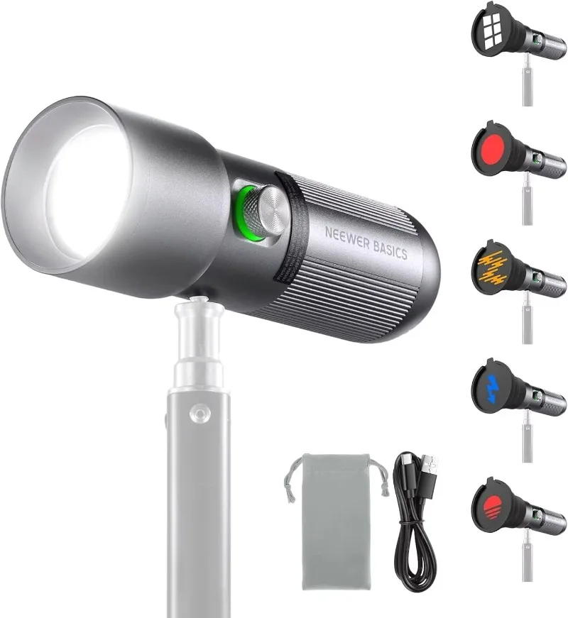 

NEEWER BASICS RGB Photography Flashlight with 4 Colors/20 Gobo Filters/7500mAh 10W Portable LED Video Spotlight Aluminum Alloy