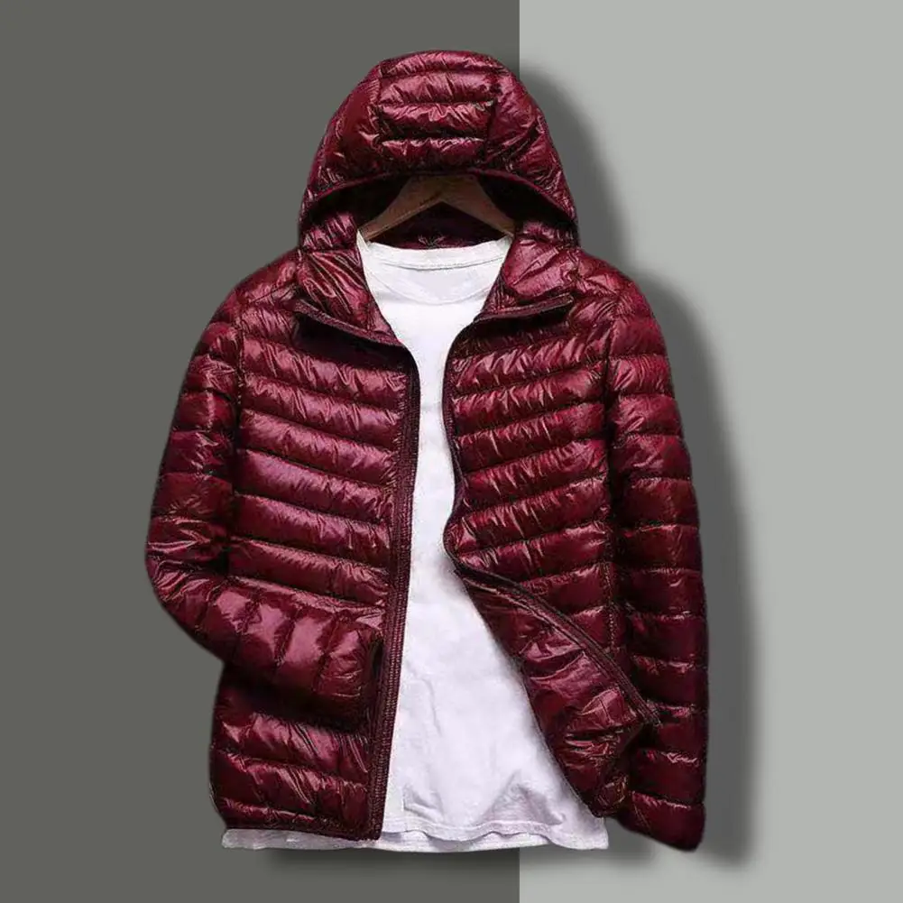 Large Size Winter Men Down Coat Ultra Lightweight Hood Solid Color Thin Cotton Padded Zipper Jacket Streetwear