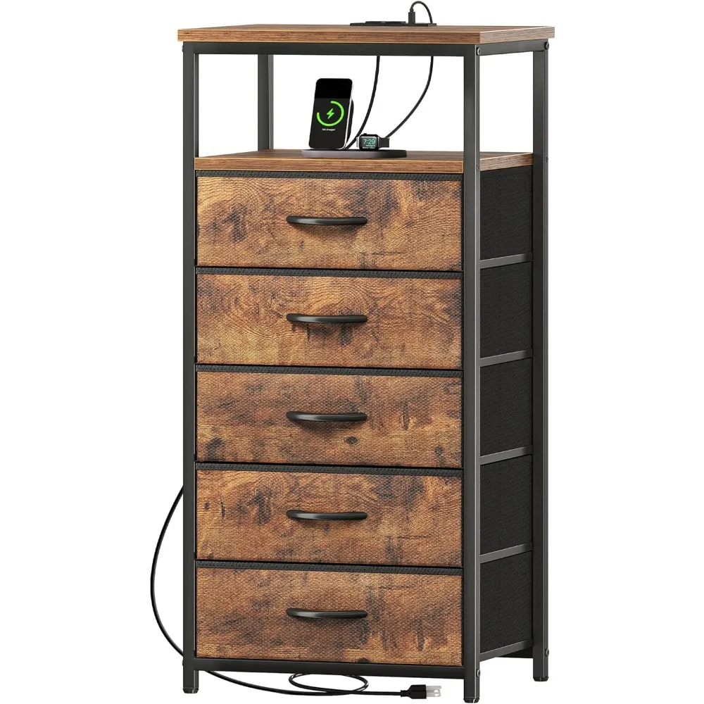 5 Drawers Dresser with Charging Station, Dresser for Bedroom, Tall Night Stand, Chest of Drawers with Open Shelf, Bedside Table