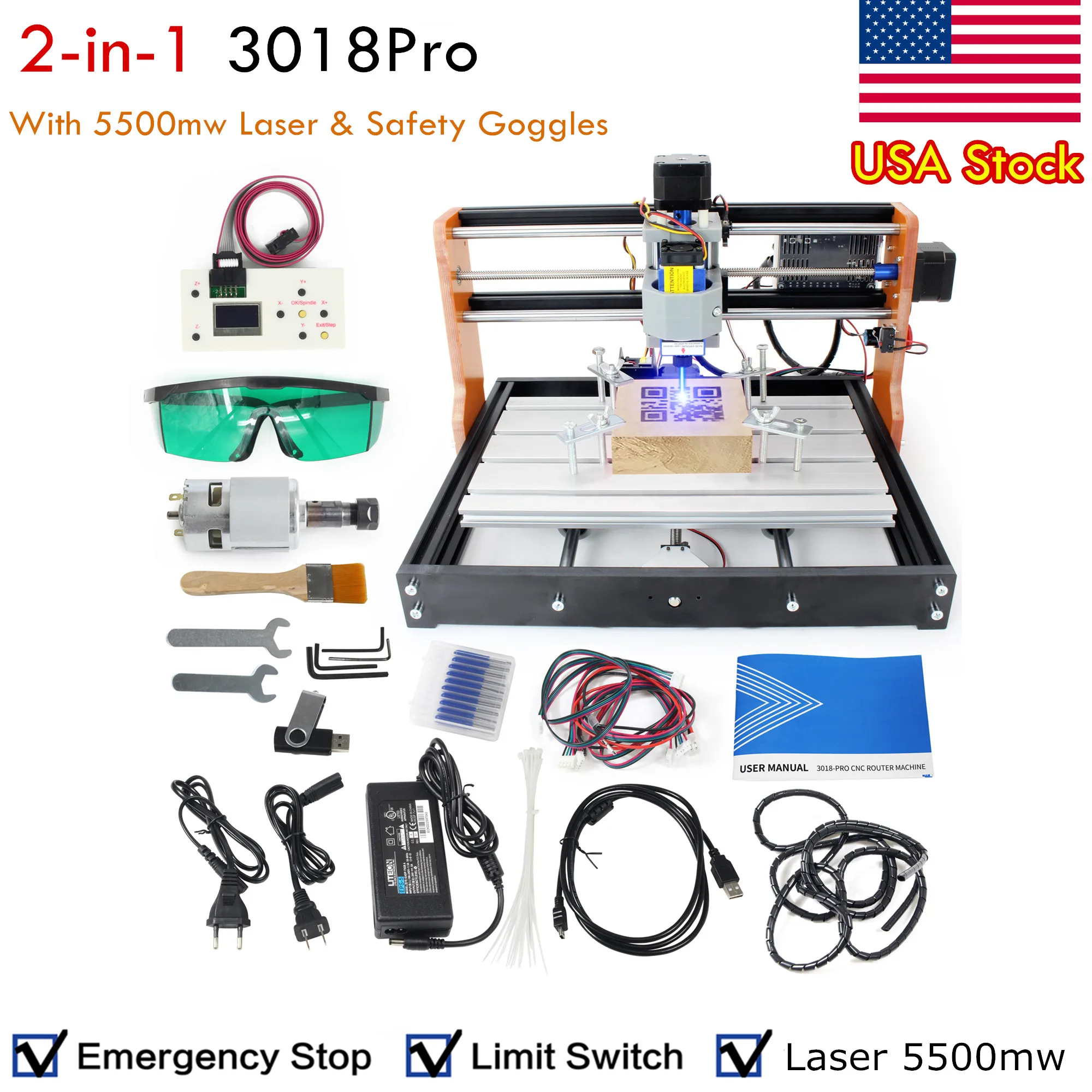 【USA Stock】3 Axis Upgrade 3018 Pro CNC Router Machine Kit,with Limit Switches & Emergency Stop,3018-PRO DIY Mini GRBL Control