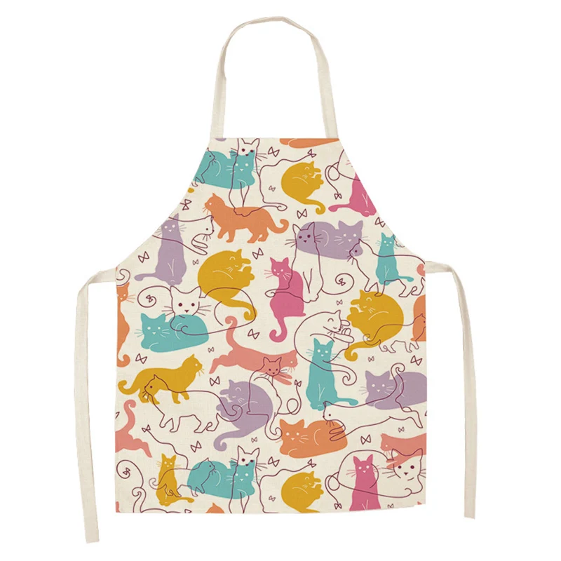 1 Pcs Kitchen Apron Cute Cartoon Cat Printed Sleeveless Cotton Linen Aprons for Men Women Home Cleaning Tools 66x47cm 47x38cm