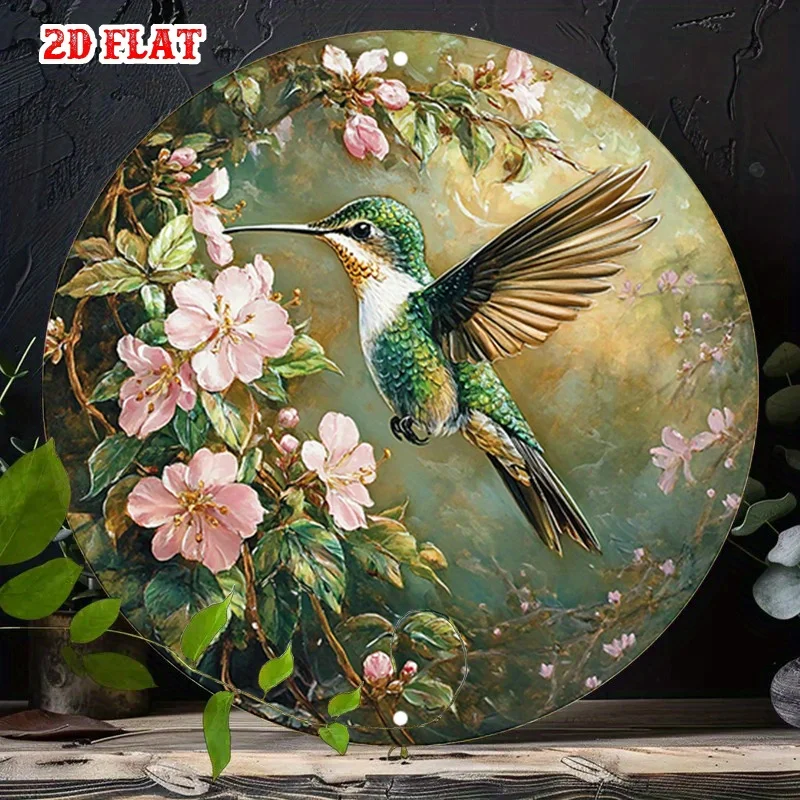 1 Stück Vintage Aluminium Metall-Wandkunst-Schild – Grüner Kolibri & Rosa Blumen Runddruck, 7,8x7,8 Zoll Rahmenlos Naturinspiriert