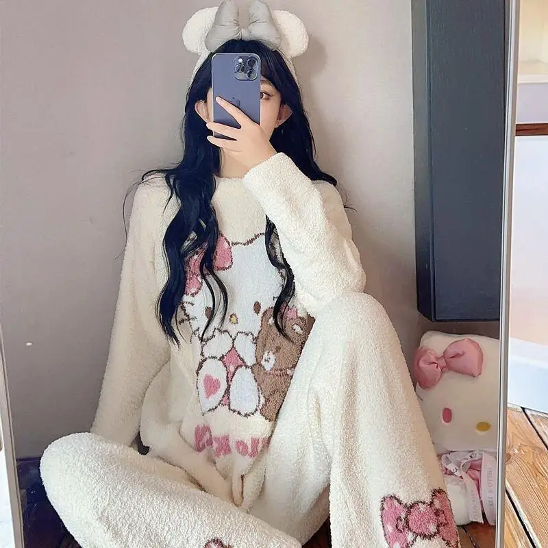 Sanrio meia flanela em torno do pescoço de pelúcia quente e macio roupas para casa das meninas flanela rosa kt gato pijamas feminino outono e inverno conjunto
