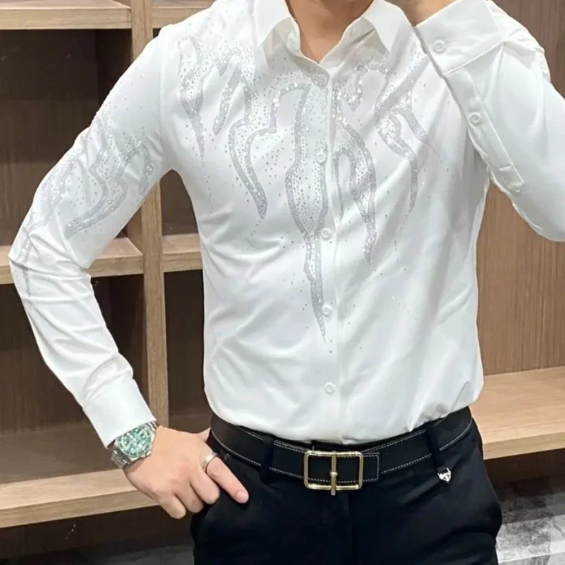 2024 Fall High Quality Luxury Rhinestones Shirt For Men Trend Fashion Versatile Hot Diamond Retro