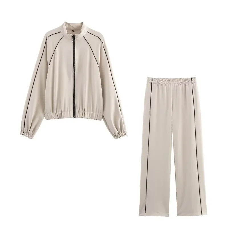 

Повседневное полосатое пальто на молнии, комплект брюк, женский свободный воротник-стойка, топ с длинными рукавами, широкие брюки с эластичной резинкой на талии, новый спортивный костюм 2023 г.