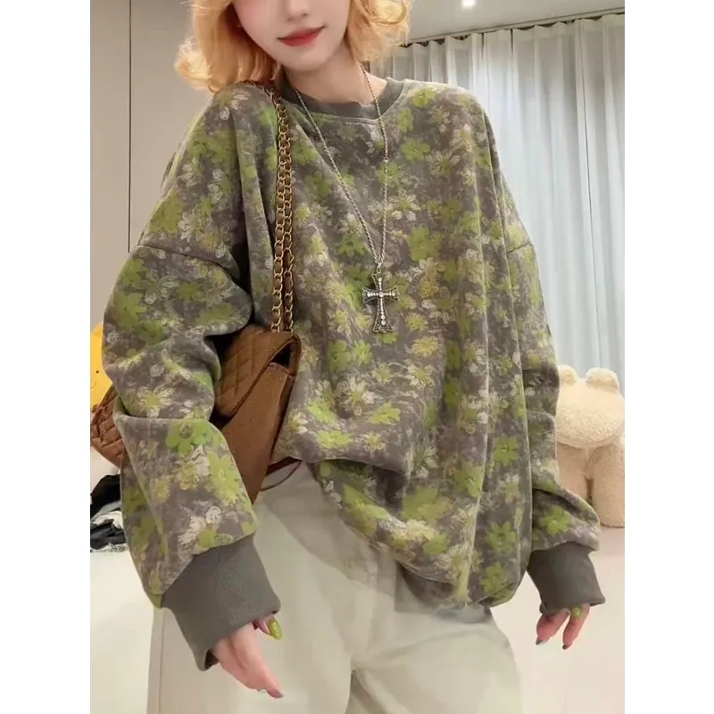 

Универсальный повседневный свободный свитшот с круглым вырезом в корейском стиле, осенне-зимний модный пуловер с принтом, топ