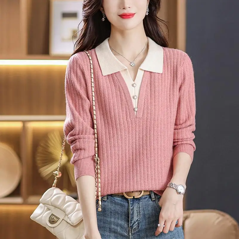 Polo T-shirt Spring Autumn Pullovers Top Women's 2023 New Simple Loose Slim Long Sleeve Knitted Thin Sweater Underlay Shirt