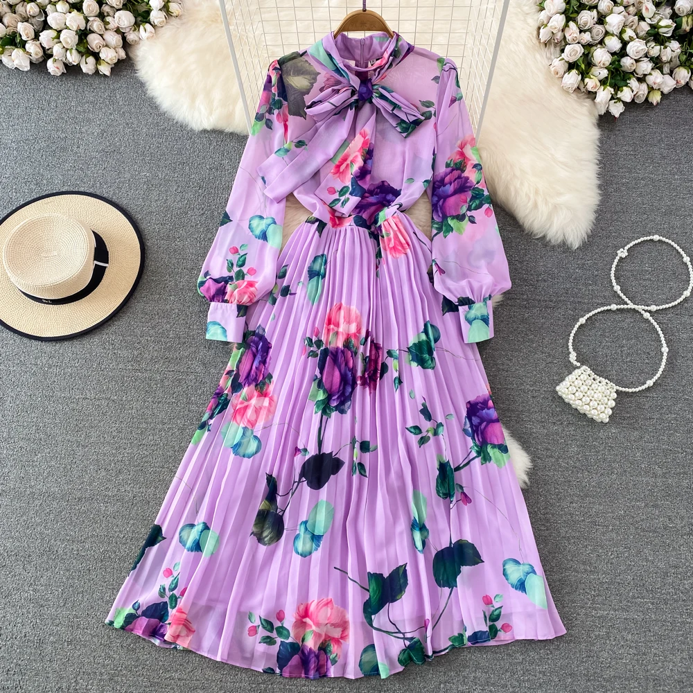 

2023 Runway Designer Spring Floral Print Chiffon Dress Women Elegant Bow Collar Long Sleeve Midi Pleated Holiday Vestidos