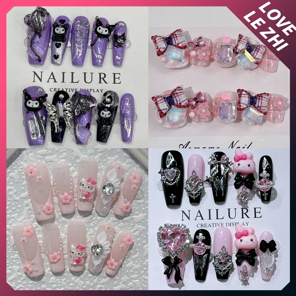 3D Long Coffin Sanriod Press On Fake Nails Bow Pearl Flowers Metal Love Mymelody Kuromi Handwork Full Cover Nail Tips Wholesale