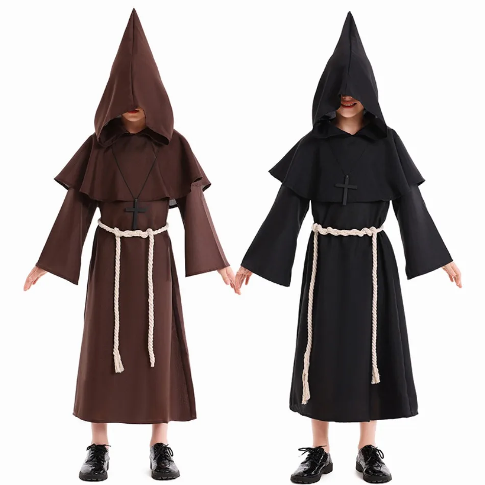Halloween Unisex Childrens Costume Brown Black Monk Boy Priest Cosplay Costume Girls Boys Carnival Robe Kids Wizard Tunic Cloak