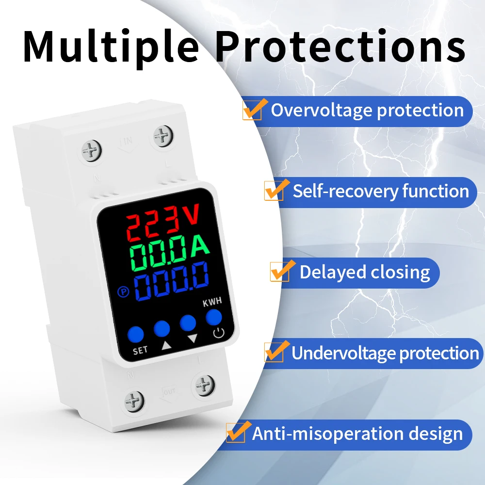 GTRIC Over Under Voltage Protector 220V AC Current Voltage Protection 63A 80A KWH Display Over Under Voltage Protection Device