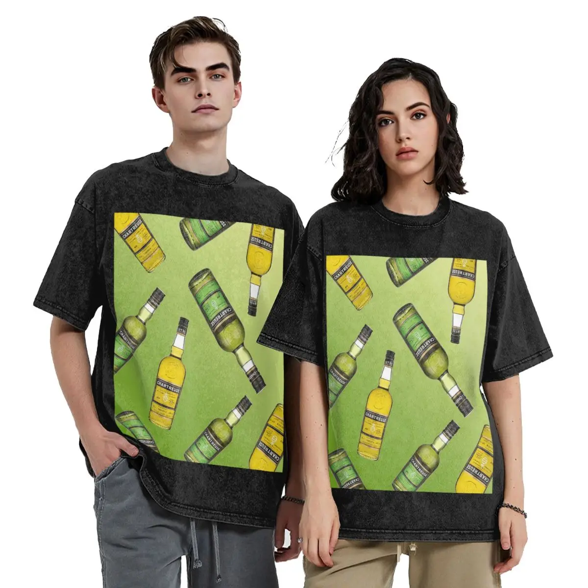 Green Chartreuse Bottle Oil Painting Drink Washed T Shirts Vintage Short Sleeve Hip Hop T-Shirt Streetwear Tops Tees