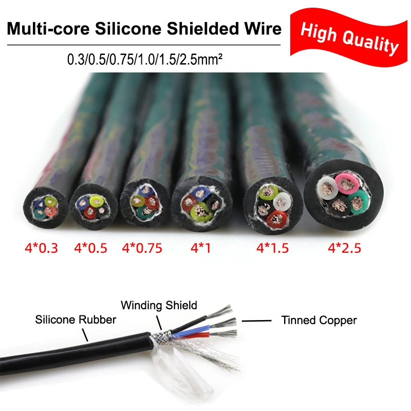 1/3/5/10m Multi-core Silicone Rubber Shielded Cable 0.3 - 2.5mm²  2 3 4 6 Cores Insulated Flexible High Temperature Copper Wire