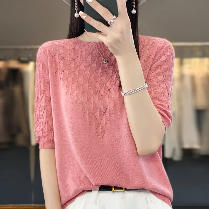 2024 Spring and Summer Women cashmere sweater short sleeve Women knitted Hollow short sleeve solid color casual short sleeve