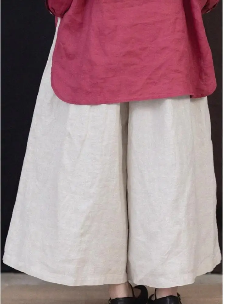 กางเกงขายาวเอวสูงผ้าฝ้ายลินินทรงขากว้างสำหรับผู้หญิง สไตล์ลำลอง ทรงตรง รุ่นใหม่ประจำฤดูร้อน 2025 เอวยางยืด ใส่ได้หลากหลาย