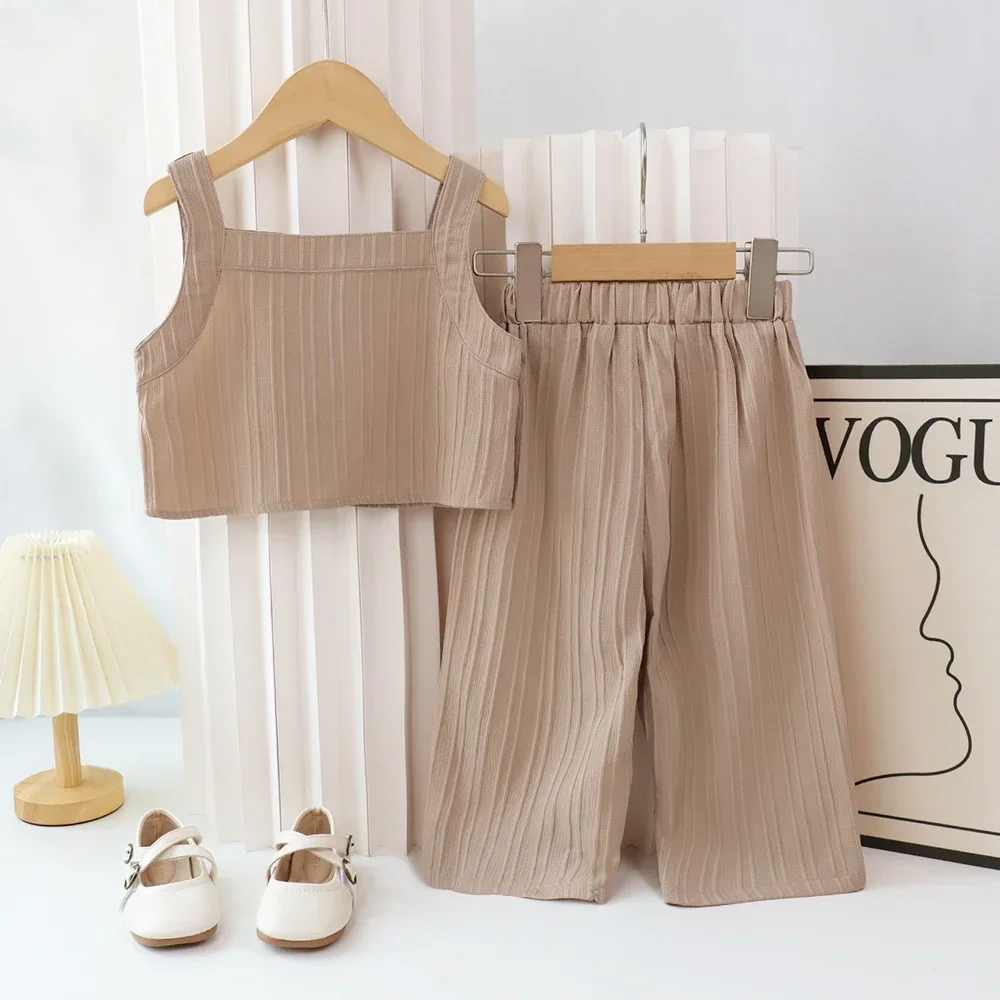 Summer New Khaki Casual Clothes for Girls Flower Embroidered Camisole Vest+wide Leg Pants Two-piece Set Korean Version