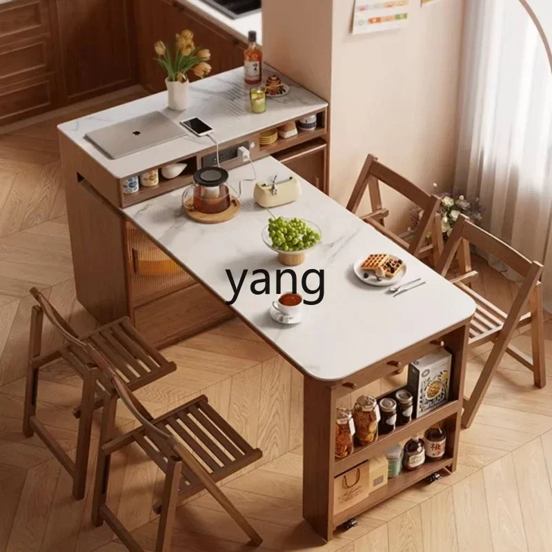 

XYY solid wood rock slab dining table small household island dining table integrated retractable rotation