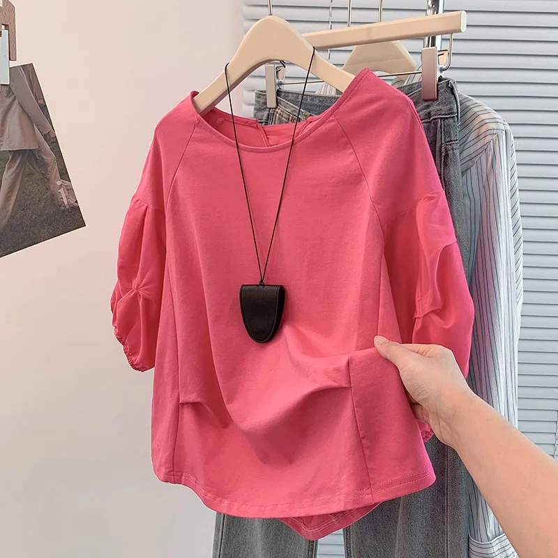 Estate New Sle Fat MM Faionable Color Blo ort Sve T-shirt in cotone di grandi dimensioni dimagrante Dopane Casual vestibilità ampia