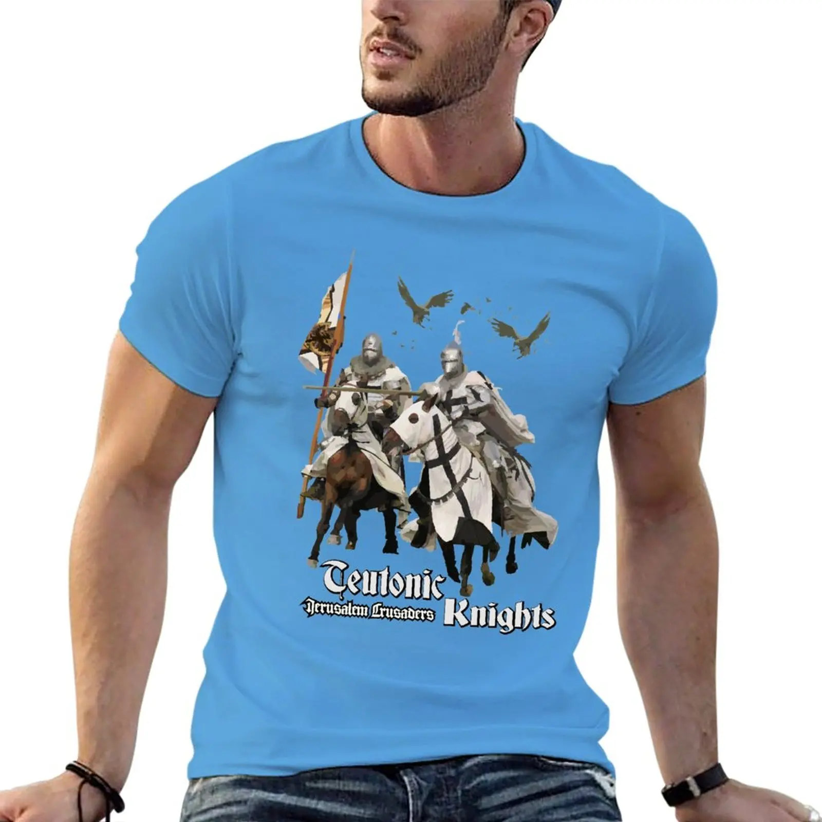 موضة الصليبية فرسان طباعة تي شيرت للرجال الشارع الاتجاه Harajuku ملابس عتيقة عادية س الرقبة قصيرة الأكمام الصيف فضفاضة #3