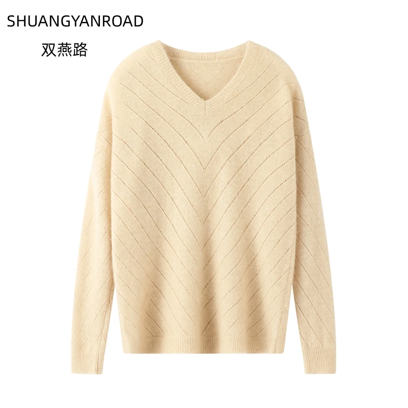 

V-Neck Hollowed Out Pullover Jumper Women's AutumnWinter Loose Solid Color Thickened Fashion 100%MerinoWool Knit Sweater Top