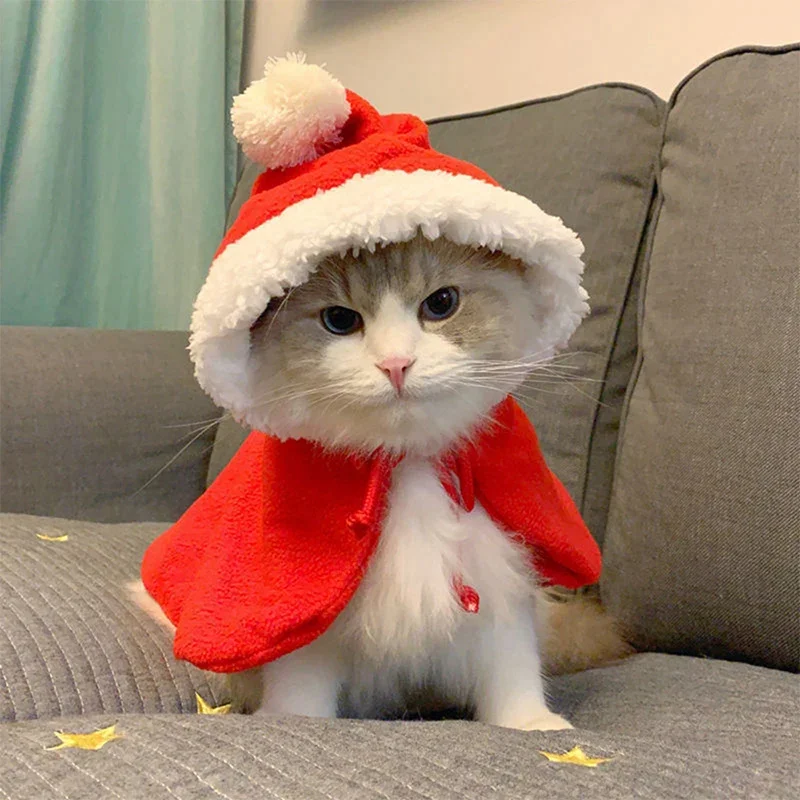 Cat Small Dog Christmas Costume Autumn Winter Warm Cloak Santa Reindeer Cosplay Funny Pet Cape Dress Up Clothes Props Decor