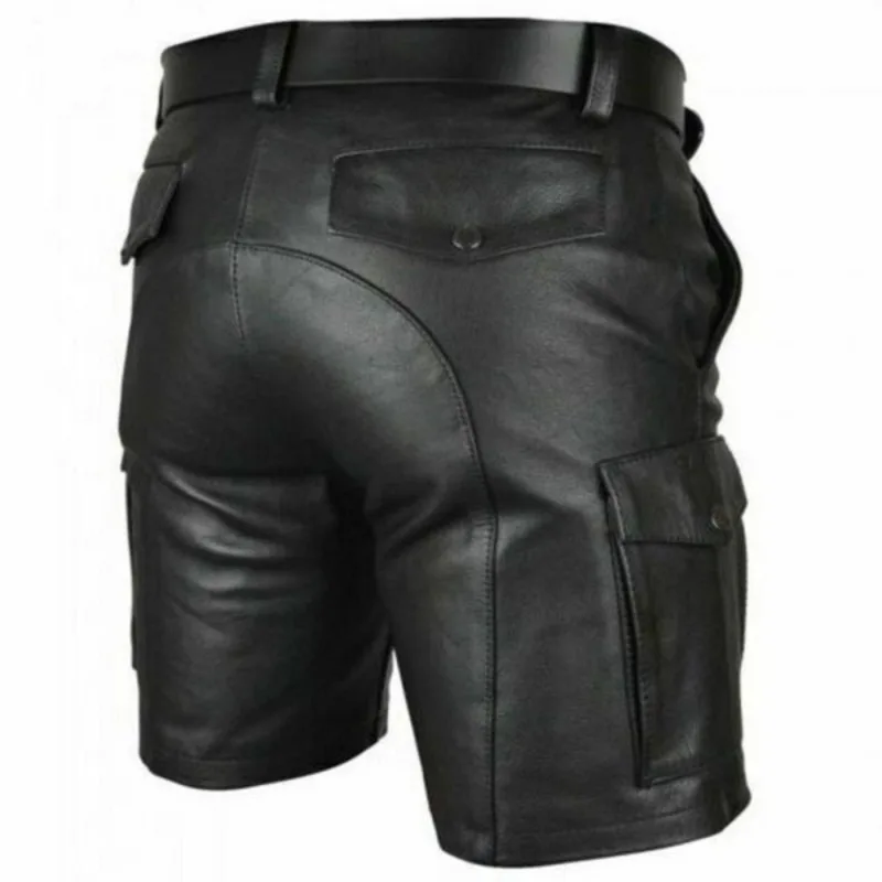 Mens Summer Leather Shorts Mens Casual Skinny PU Leather Short Pants Street Motorcycle Riding Punk Multi Pocket Faux Shorts 5XL