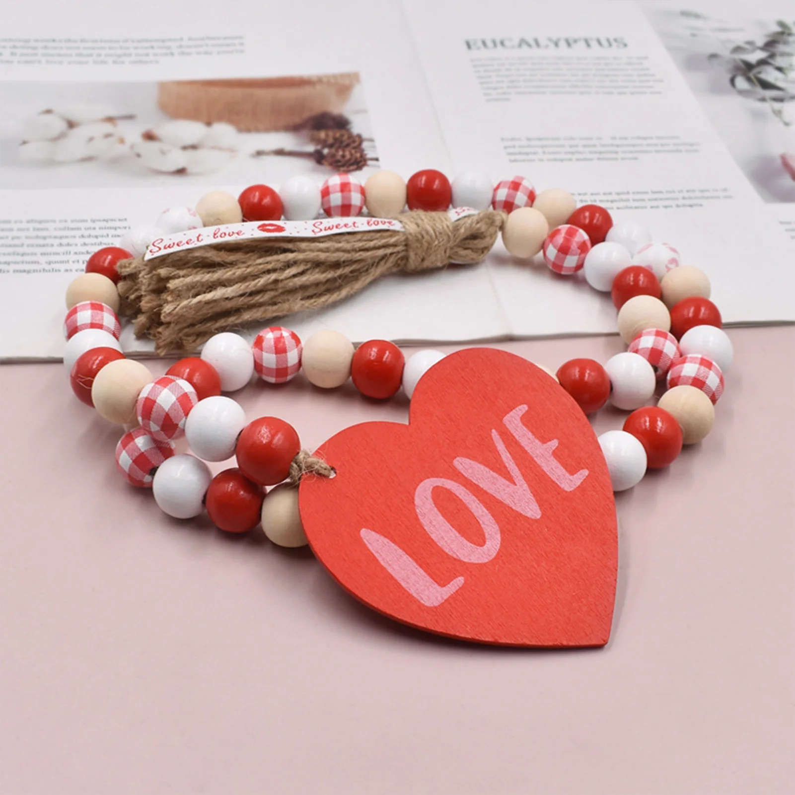 Love Wood Bead Garland Ornament with Tassels and Love Heart Shaped Embellishments Suitable for Candy Dish Shelf Sitters