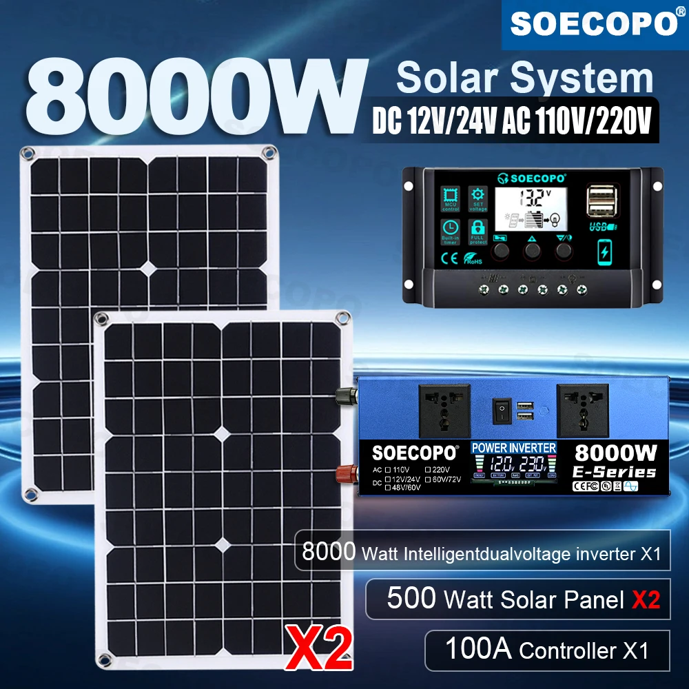 8000W Peak Full Solar System Kit 2x500W Panel 100A Controller 12V/24V To 110V 220V Inverter for Camping Radio Use Travel Power