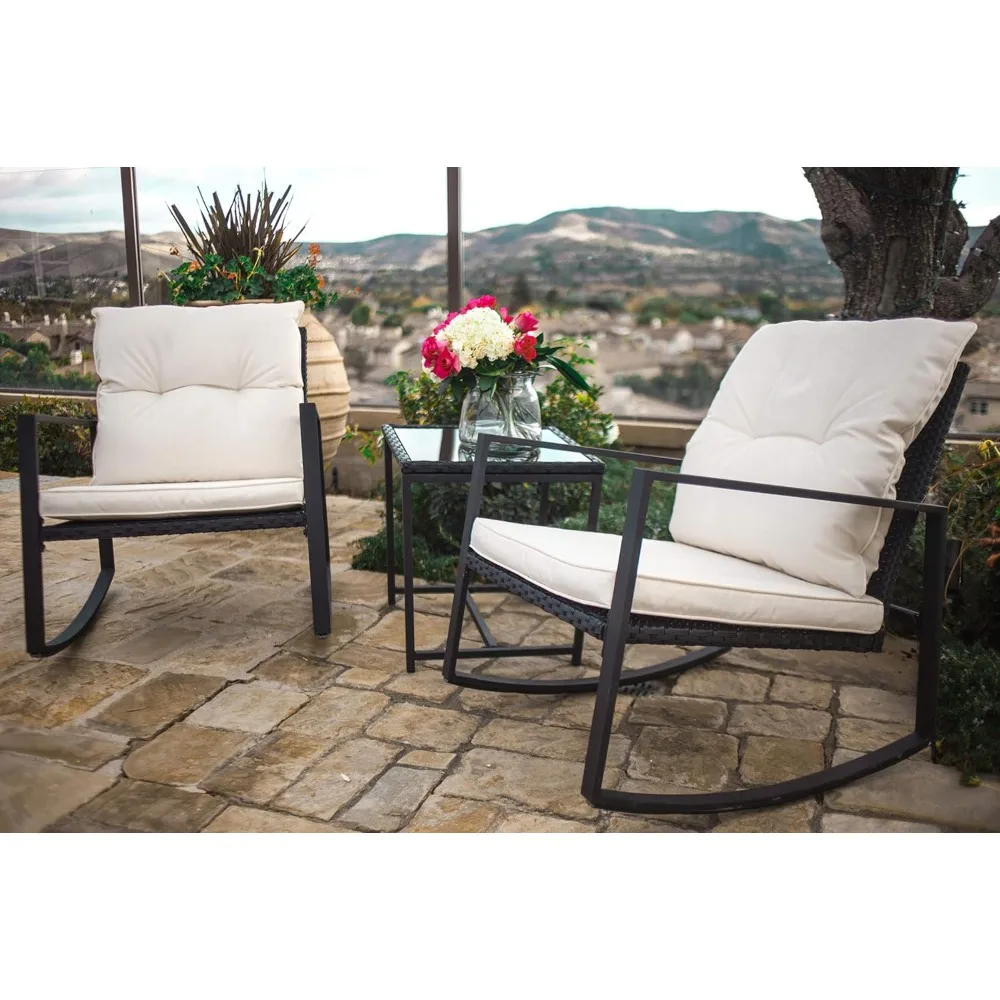 3 Piece Outdoor Bistro Set with Rocking Chairs and Glass Top Table, Beige Wicker
