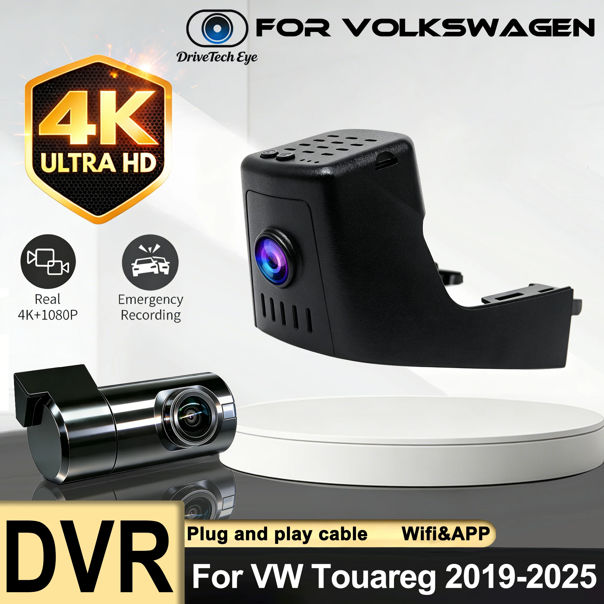 

4K Plug and Play Dashcam Front And Rear Wifi DVR For Volkswagen VW Touareg CR7 2019~2025 Looks Car Video Recorder
