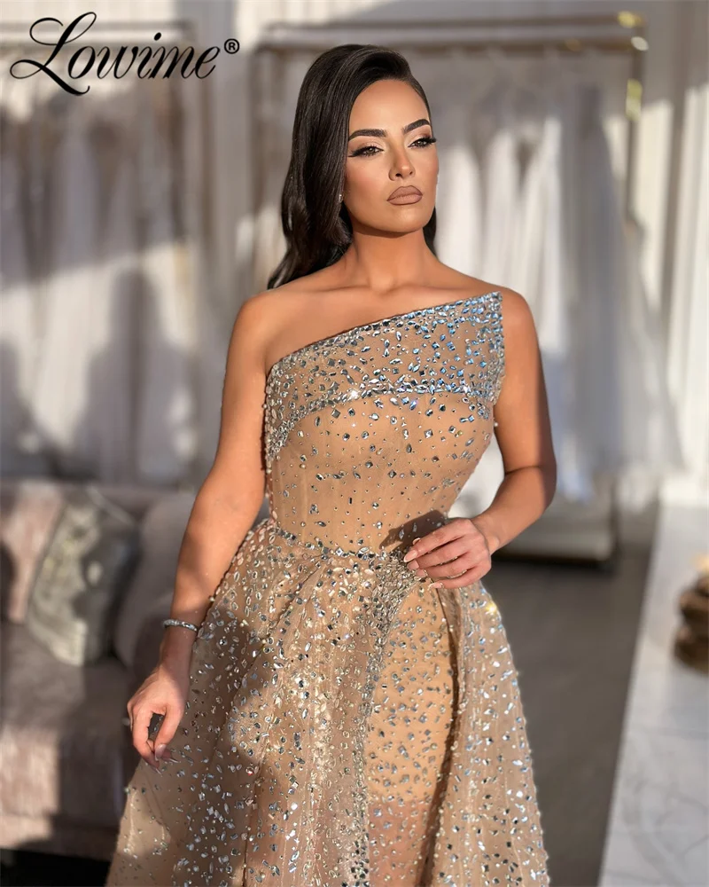 Heavy Crystals Celebrity Dresses Luxury Arabic Evening Dress 2024 Couture Prom Party Gowns For Weddings With High Split Side