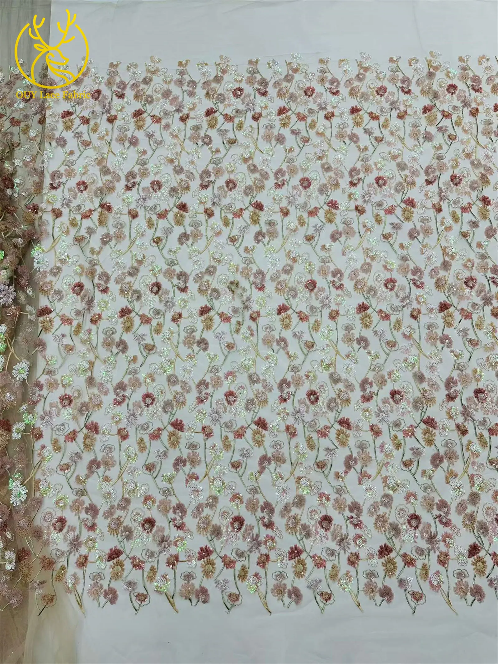Luxuriöser afrikanischer Pailletten-Spitzenstoff, 5 Yards, hochwertige französische nigerianische Stickerei-Tüllspitze für Hochzeitsfeier, Brautkleid – Detail 7