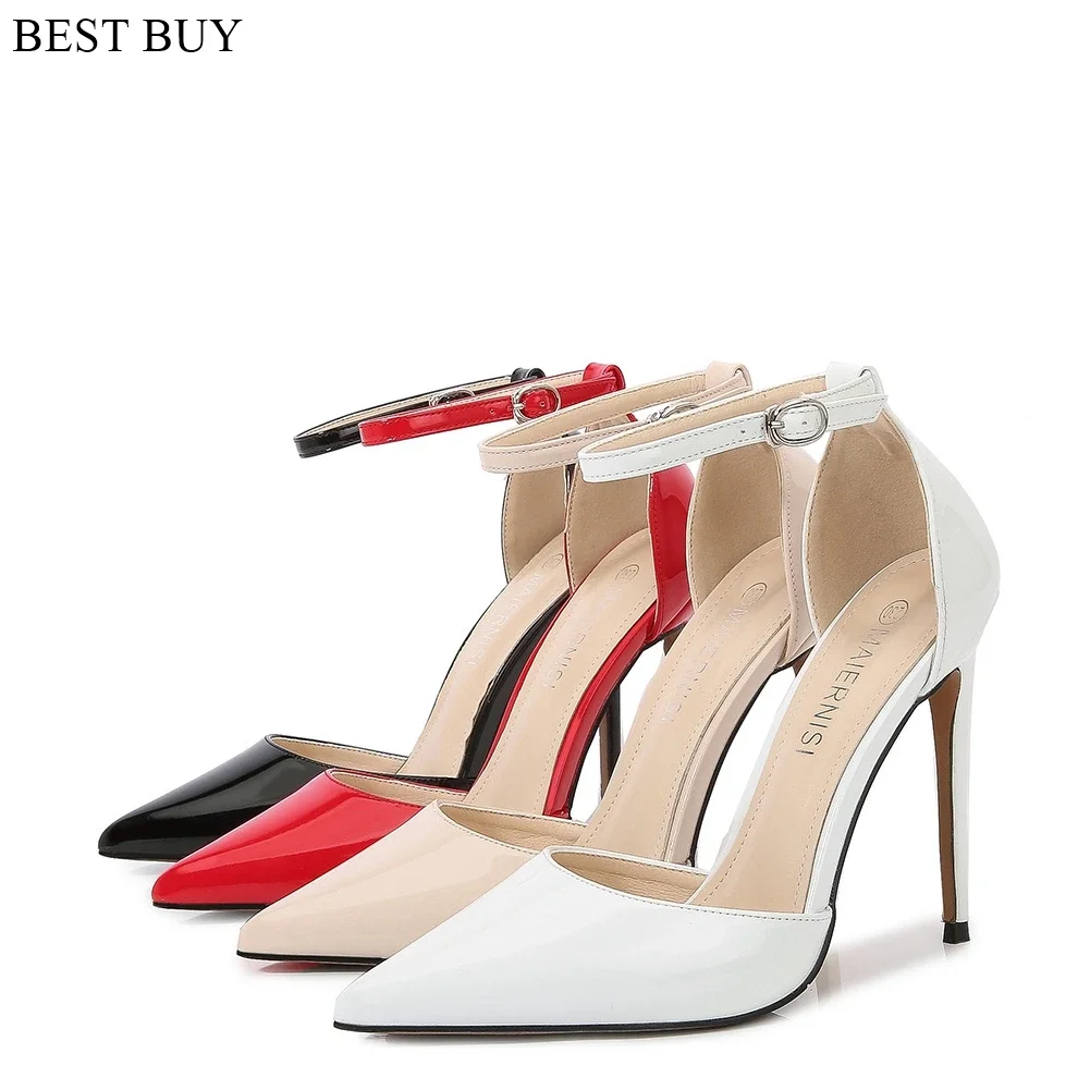 Comemore red black Shiny Heels Women's Sandals Ankle Buckle Wedding Evening Party High-heeled Shoes Stiletto Women Pumps 12 Cm