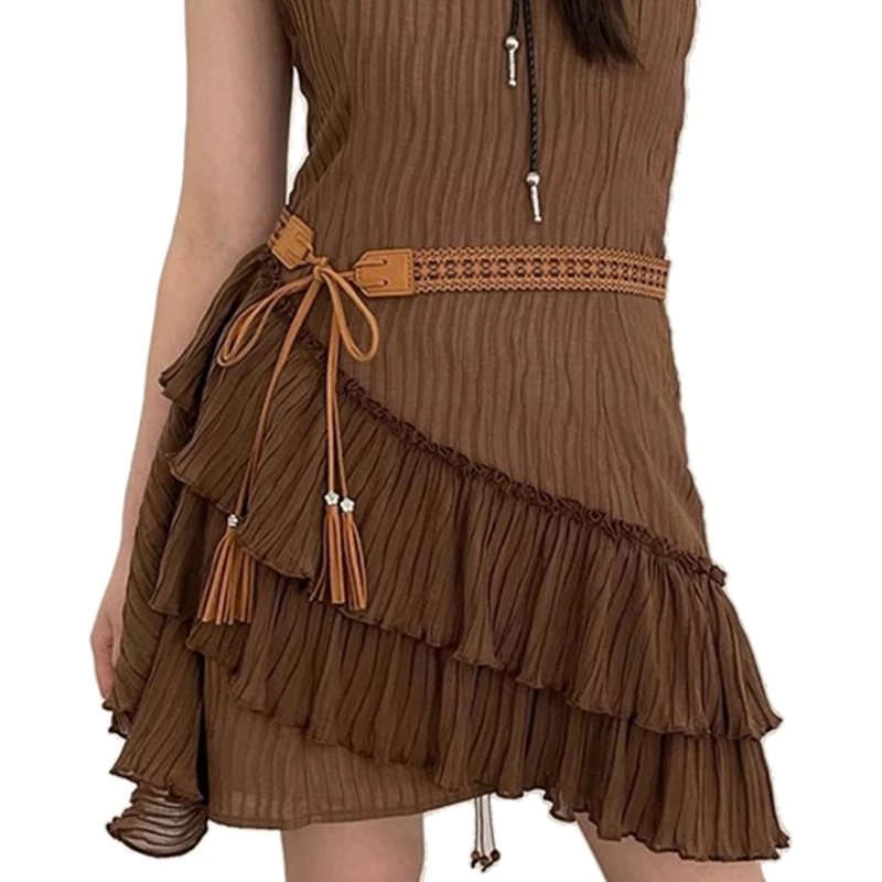 652F Women Skinny Belt Exquisite Western Tie Belt with Tassels Cowboy