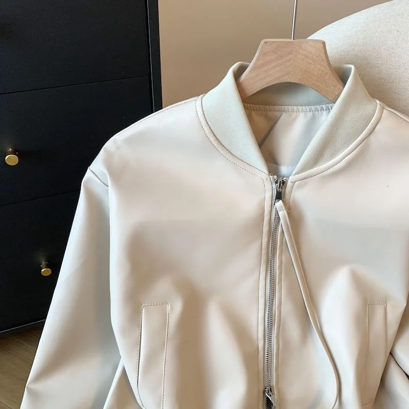 معطف American Sle Baseball Jaet للسيدات للخريف والشتاء كاجوال مستدير Ne فضفاض للتخسيس معطف جلدي متعدد الاستخدامات