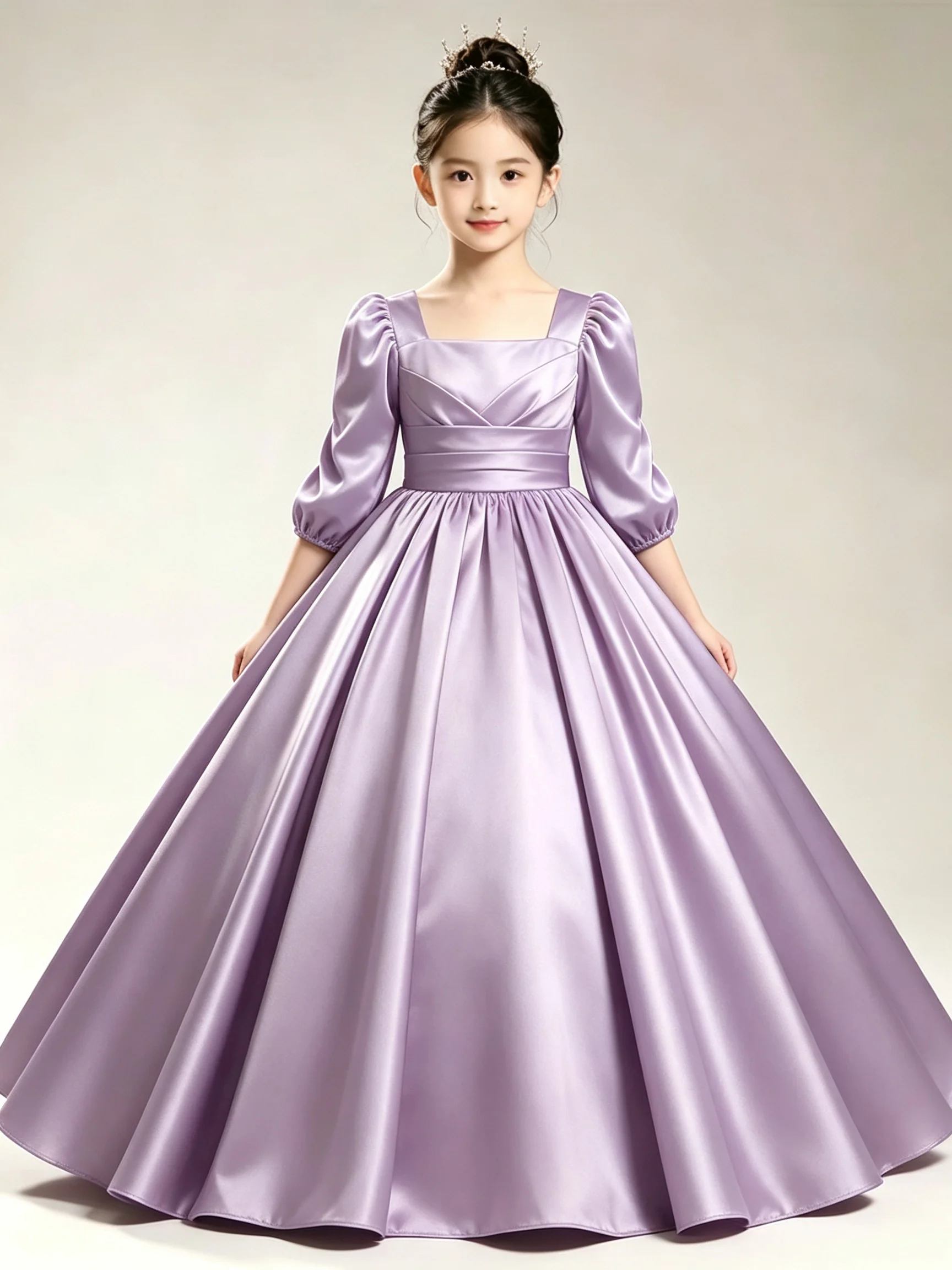 Elegant Burgundy Satin Flower Girl Dress Square Neck Puff 3/4 Sleeve Waist Sash Floor‑Length Kids Prom Party Gown