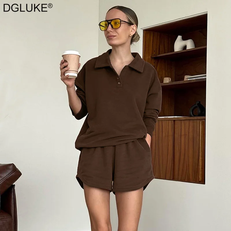 DGLUKE Polar Fleece Sweatsuit 2 Piece Sets Women Outfit Pullover Swearshirt And Shorts Sets Fashion Short Tracksuit Sportswear