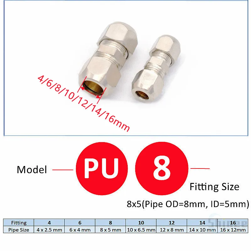 Compression Ferrule Tube Fitting 6-4 8-10 10-12 Brass Pipe Double End Tubing Ferrule Joint Tubing Nut Lock Double Straight PU PG