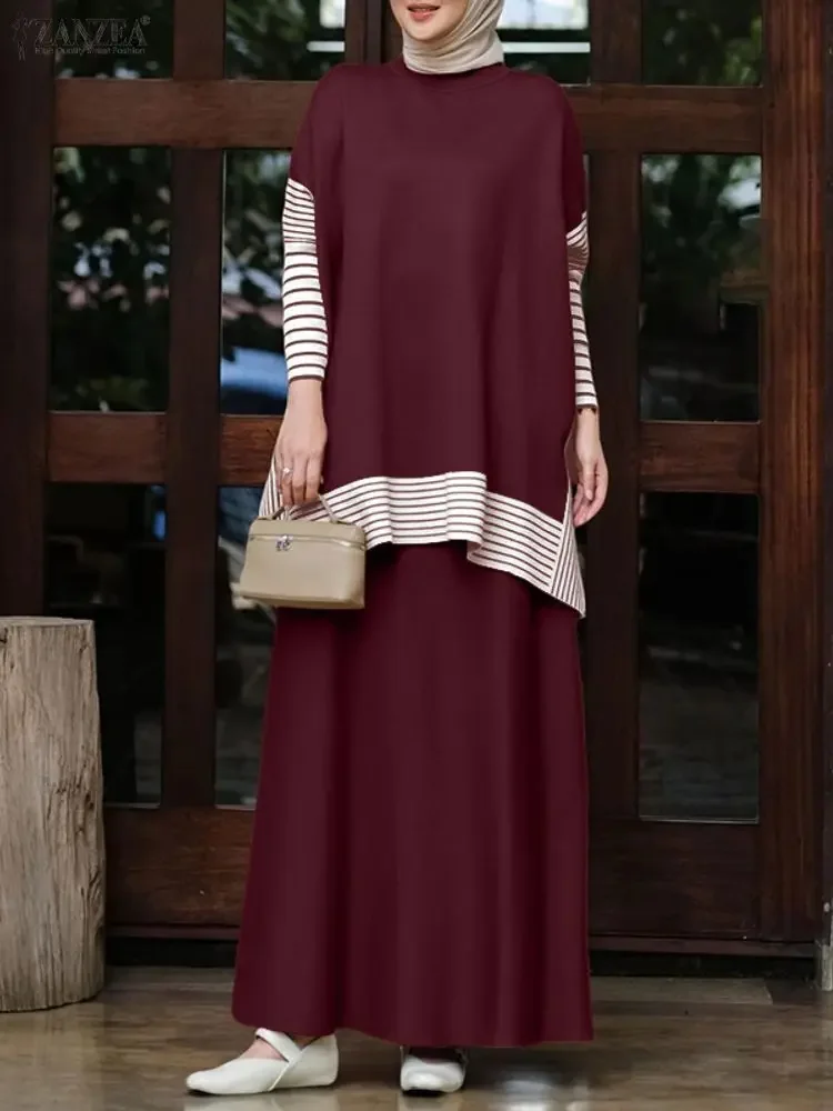 ZANZEA 2026 Spring Long Sleeve Patchwork Blouse Skirt Suit Knitted Matching Sets Winter Outfit Fashion Muslim Women 2 Piece Sets