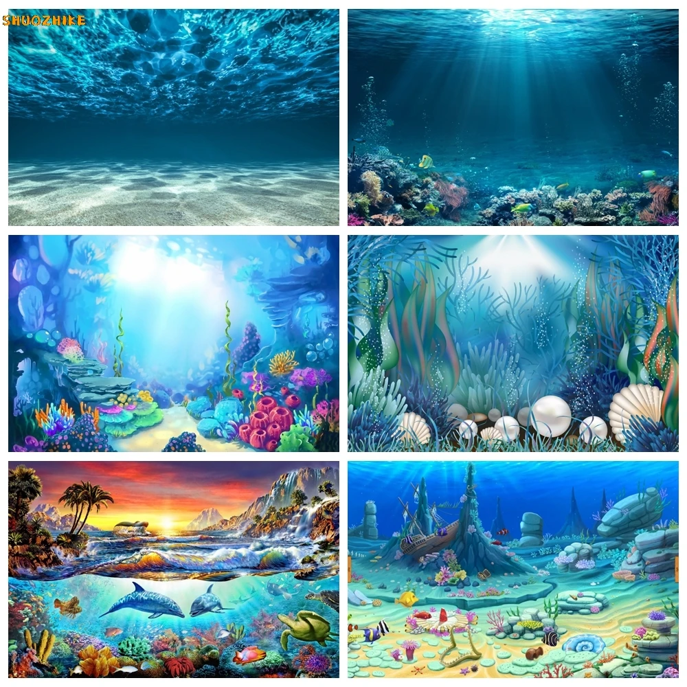 Underwater World Background Seabed Photography Backdrop Ocean Marine Seaweed Fish Aquarium Themed Studio Photo Party Decoration