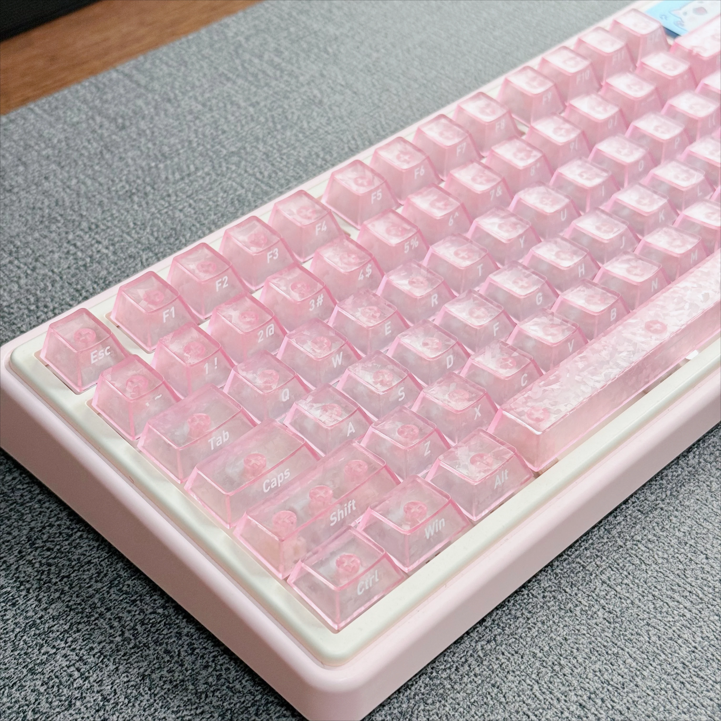 Pink Cherry Blossoms Keycaps Carbon Fiber Pattern  Keycaps Translucent PC Top Side Printed Custom Gaming Mechanical Keyboard