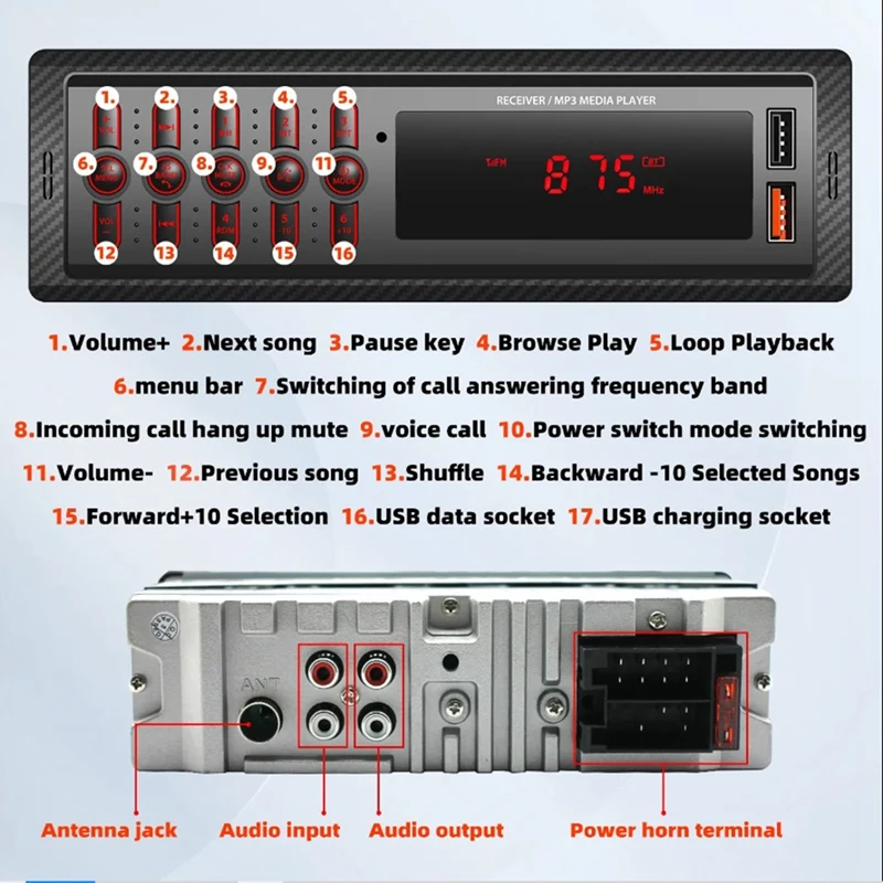 เครื่องเล่น MP3แบบแฮนด์ฟรีในรถยนต์1099สัญญาณอินพุตแบบบลูทูธไร้สาย2ช่องสำหรับวิทยุการ์ดในรถยนต์รองรับฟังก์ชั่น FM