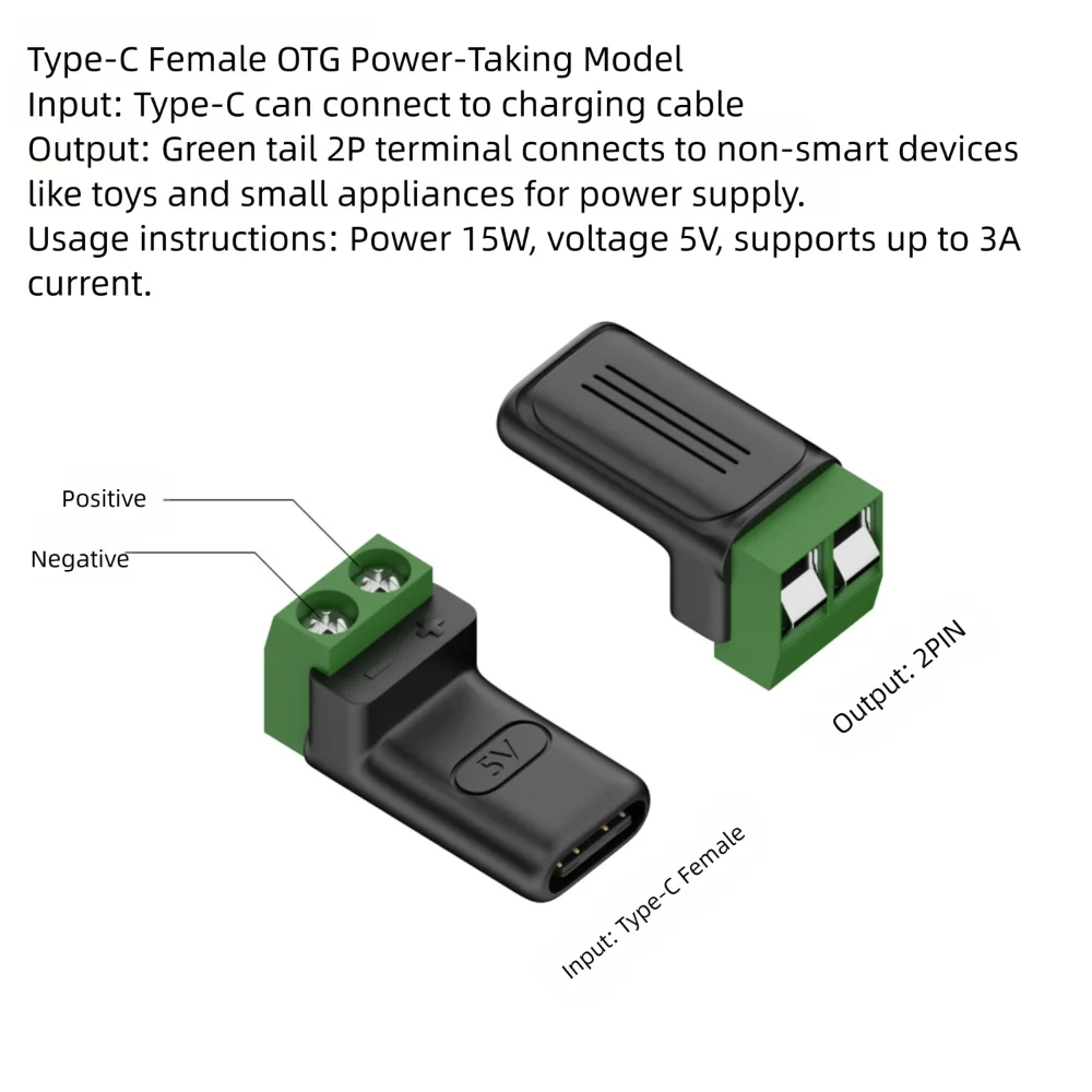 Solderless Plug USB C to 2Pin Terminal Adapter Screw Type-C to 2 Pin Crimp Terminal Block Cannot Data Transfer 5V