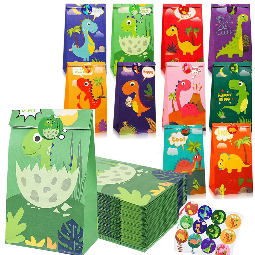12Pcs Papierowe torby urodzinowe z dinozaurami z naklejkami dla dzieci Dino Jungle Safari Party Gift Goodies Candy Bag Supplies