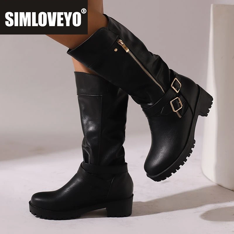 

SIMLOVEYO 2025 Ретро женские ботинки до середины икры с круглым носком на толстом каблуке 5 см, платформа 2 см, застежка-молния, пряжка ремня, большие размеры 44 45 Daily Bota