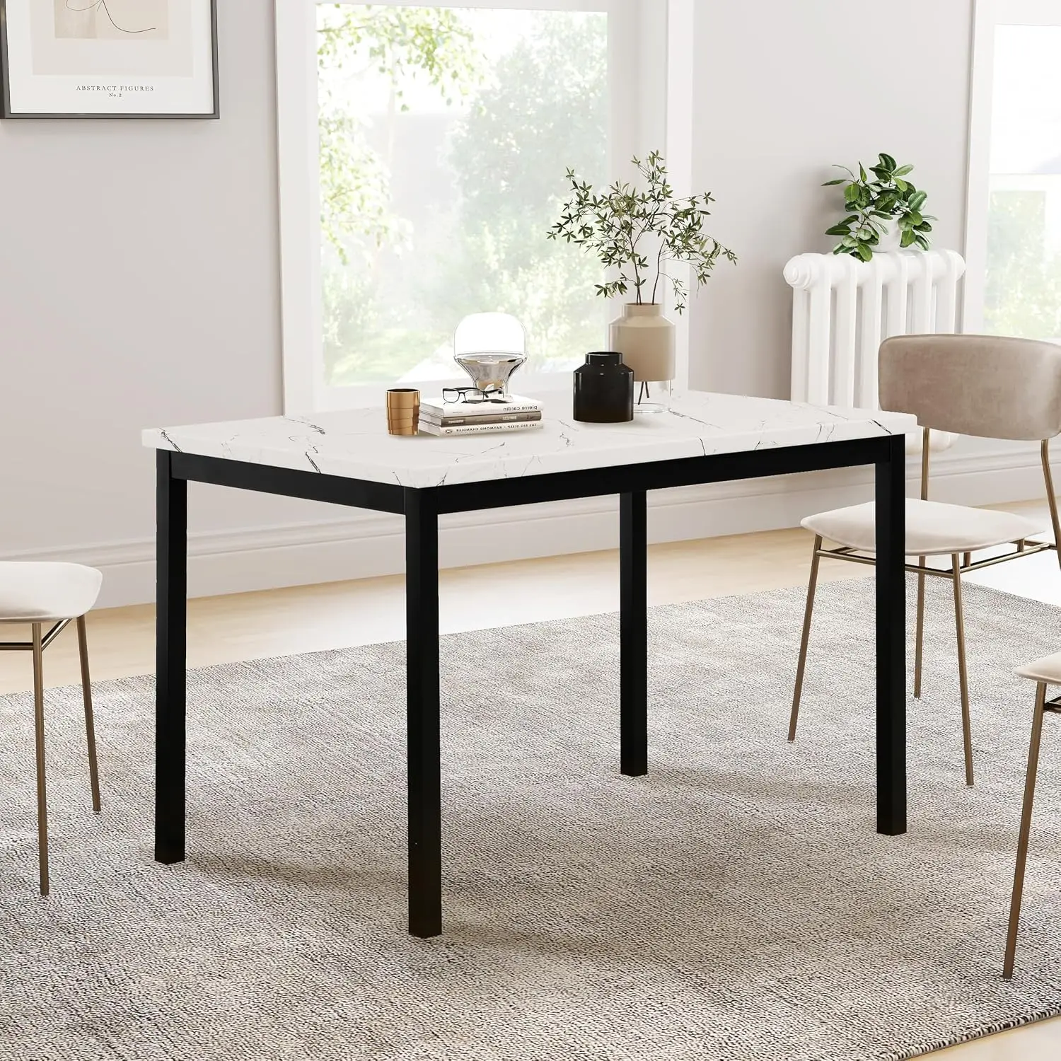 5 Piece Citico Metal Dinette Set with Laminated Faux Marble Top, White Table with Gray Chairs