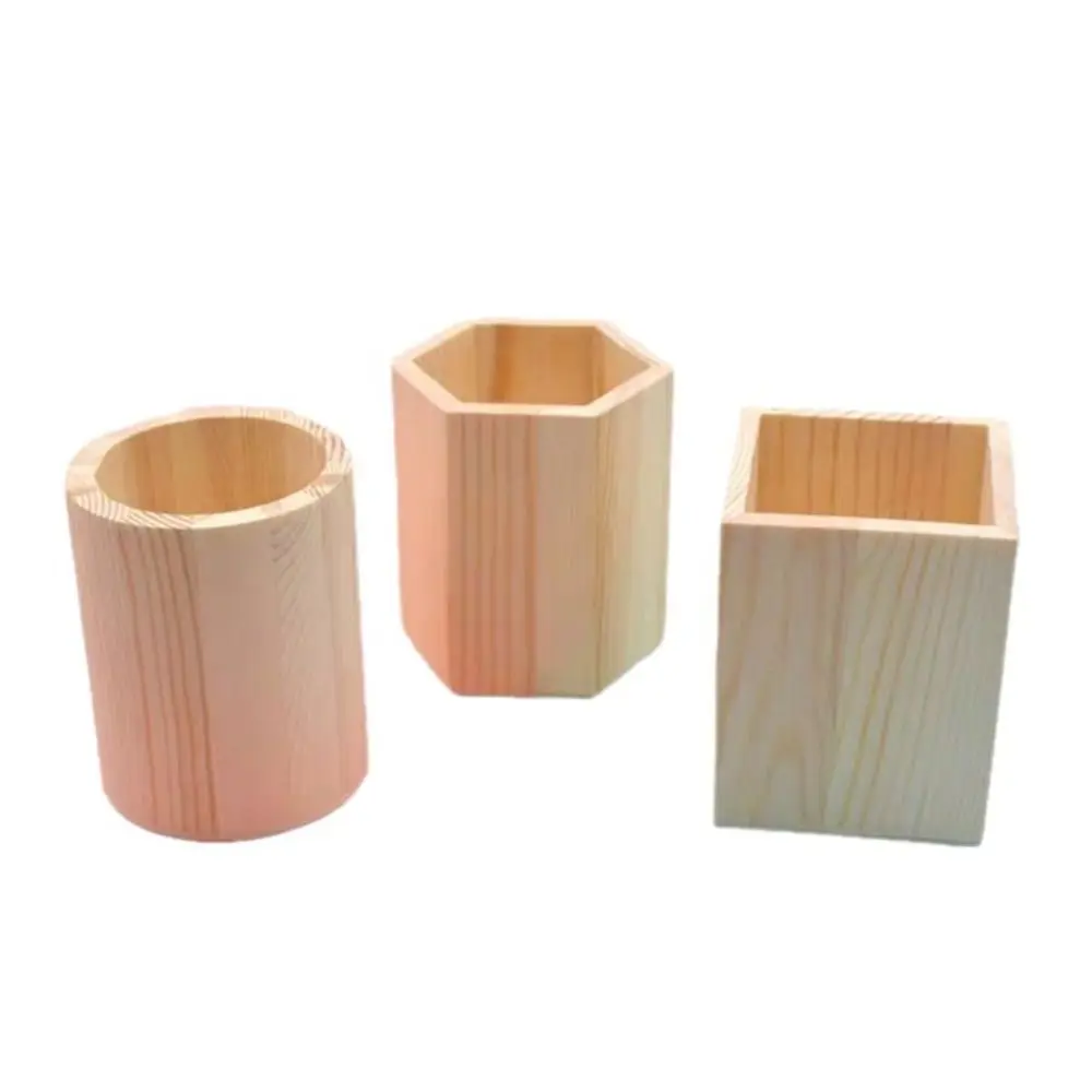 Multi-functional Wooden Pen Holder DIY Painting Round/Hexagonal/Square Pen Container Desktop Organizer Gift